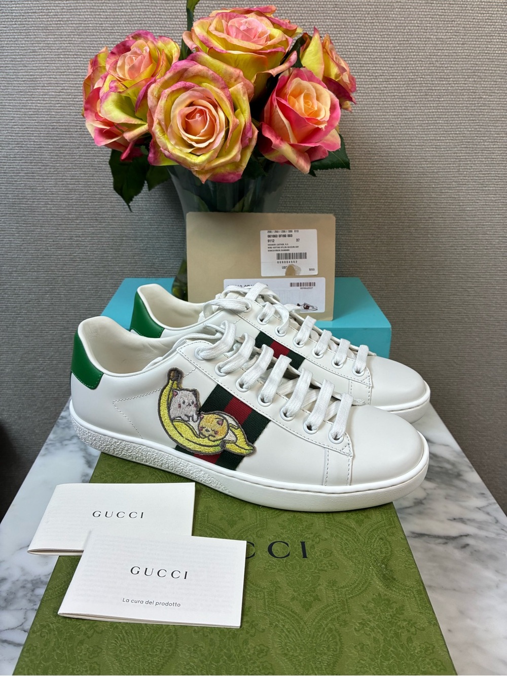 Gucci Kitty Banana Embroidered Web Stripe Ace Sneakers NIB EU Size 37 = US 7